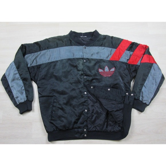 Vintage 80s Adidas Satin Bomber Jacket Men's (L) Colorblock Windbreaker Run DMC
